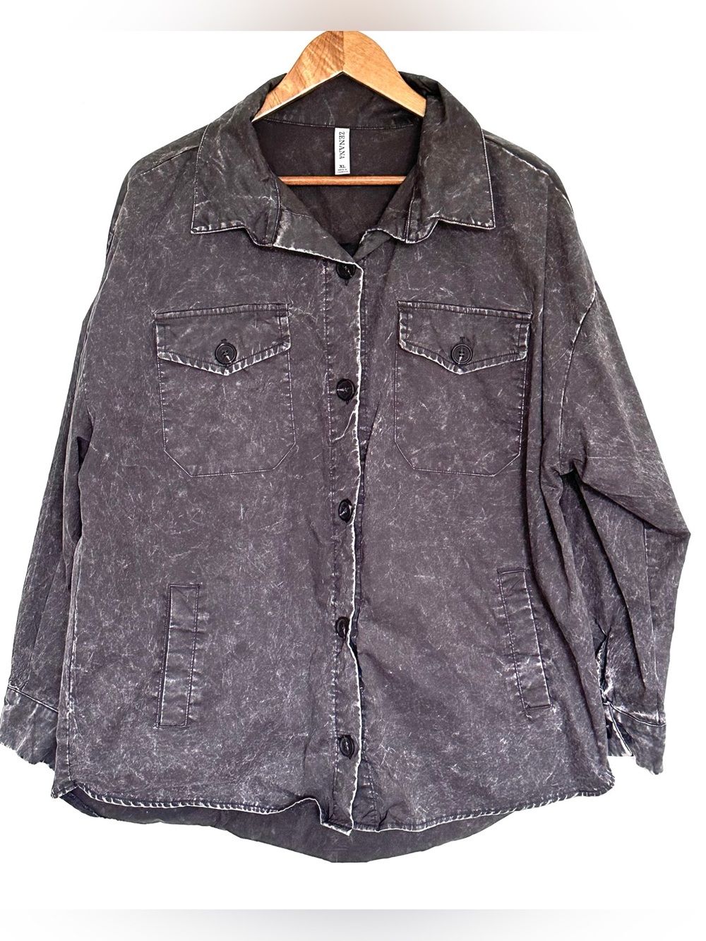 Zenana Lightweight Jacket XL Grey Cotton Button Up Long Sleeve Pockets Collared